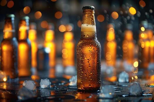 A single bottle of beer stands out on a table with ice, against a backdrop of other bottles and bokeh lights. photo