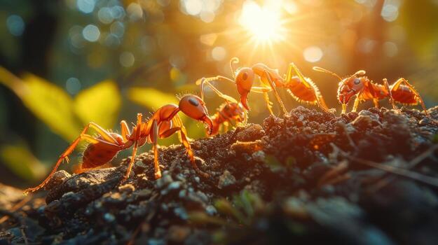 A group of red ants working together on a log in a forest with the sun shining through the trees. photo