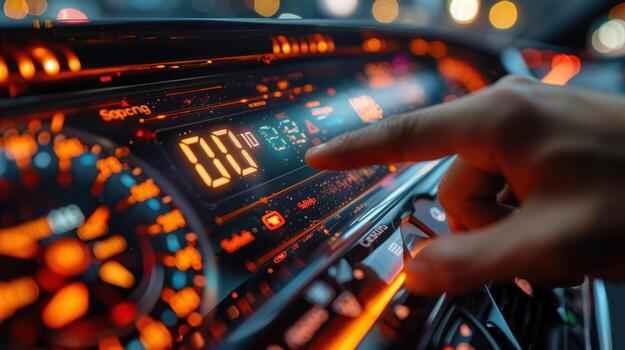 A hand reaches out to adjust the digital display of a modern car dashboard, illuminated by the glow of the city lights at night. photo