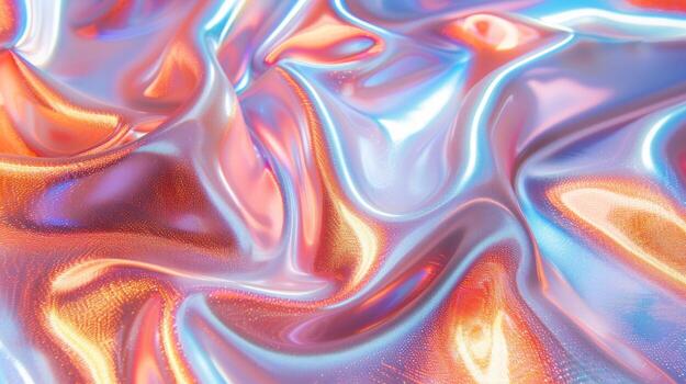 Abstract background of iridescent holographic fabric with wavy patterns and light reflections. photo