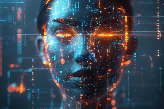 A digital rendering of a human face with glowing eyes, composed of binary code. photo