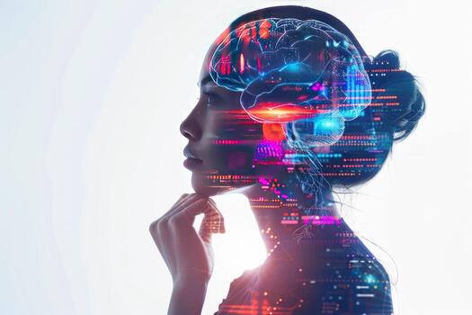 un mujer perfil con un brillante digital cerebro cubrir, representando el concepto de artificial inteligencia, datos Procesando, y humano potencial. foto