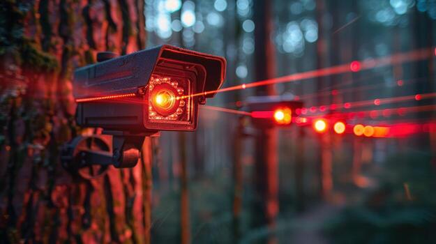 A security camera mounted on a tree in a forest, with infrared beams emitting from it, creating a sense of surveillance and protection. photo