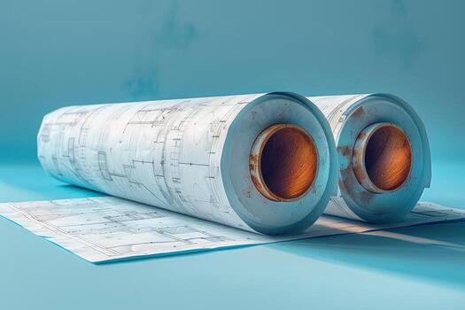 Two rolledup blueprints lie on a flat surface, with one partially unrolled. photo