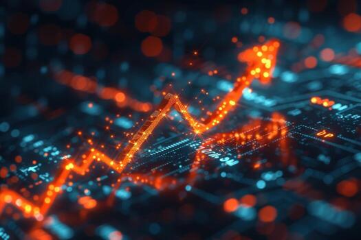 A glowing red arrow points upwards on a circuit board, representing growth and progress in technology. photo