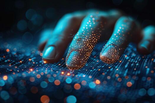 A hand reaching out to touch a glowing blue surface, symbolizing connection and interaction with technology. photo