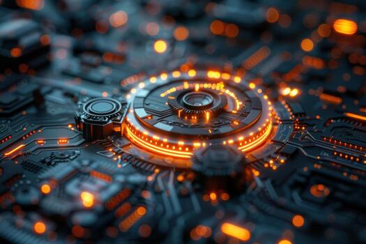Closeup of a futuristic, glowing circuit board with a circular element in the center. photo