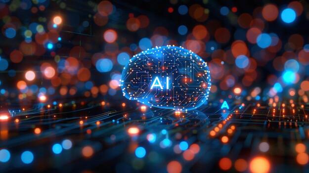 A glowing AI brain symbol with circuit board background, depicting the concept of artificial intelligence. photo