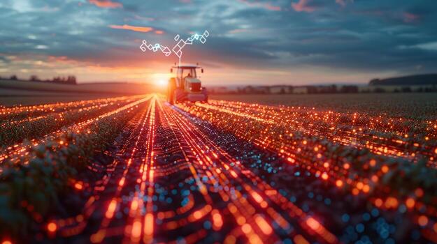 Tractor driving through a field with a glowing data network in the foreground and a glowing graph in the sky. photo