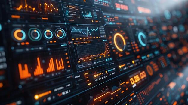 Futuristic digital interface with various data visualizations, including charts, graphs, and diagrams, displaying information and insights. photo