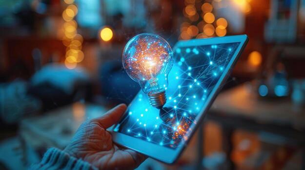 A glowing lightbulb appears to float above a tablet held by a person, representing the idea of innovation and digital technology. photo