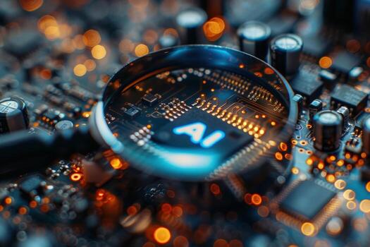 A magnifying glass focuses on an AI chip on a circuit board, symbolizing the exploration of artificial intelligence. photo