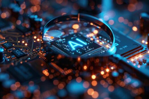 A magnifying glass focuses on a computer chip with the letters AI glowing blue, surrounded by a circuit board with glowing lights. photo
