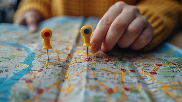 A hand points to a location on a map marked with yellow push pins. photo