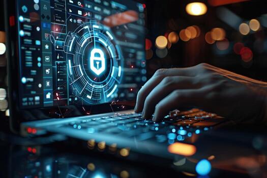 Closeup of a person's hand typing on a laptop keyboard with a digital security lock icon displayed on the screen. photo