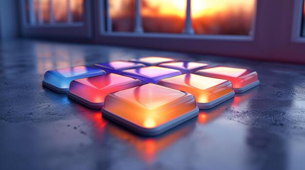 Colorful glowing buttons on a reflective surface in front of a window with sunset view. photo
