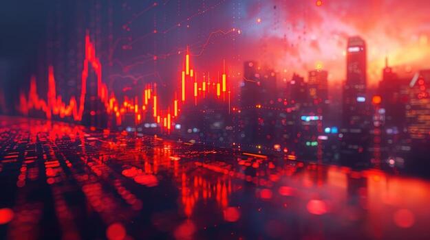 A futuristic cityscape with glowing red lights, reflecting on a shiny surface with a red stock market graph in the foreground, symbolizing progress and growth. photo