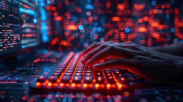 Closeup of hands typing on a backlit keyboard in a dark room with a blurred computer screen in the background. photo