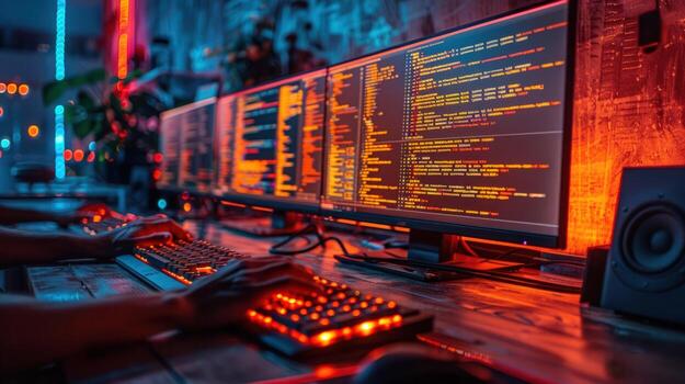 A programmer's hands typing code on a keyboard in a dimly lit room. photo