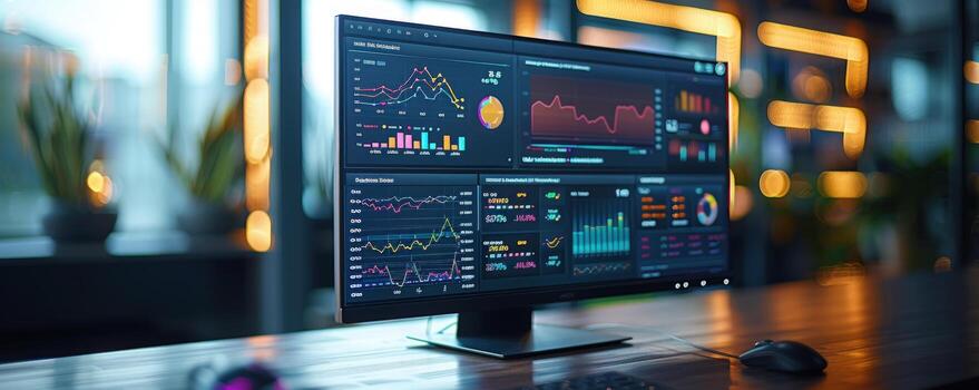 Modern desktop with a computer screen displaying charts and graphs. photo