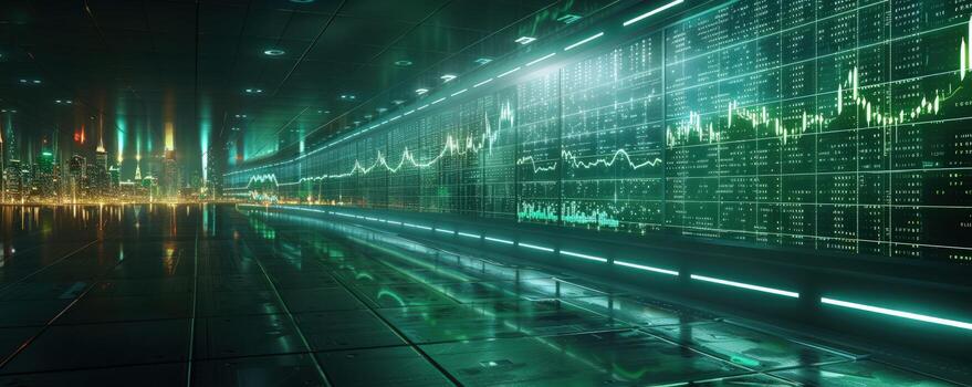 Futuristic city with illuminated digital screens displaying data and graphs in a dark environment. photo