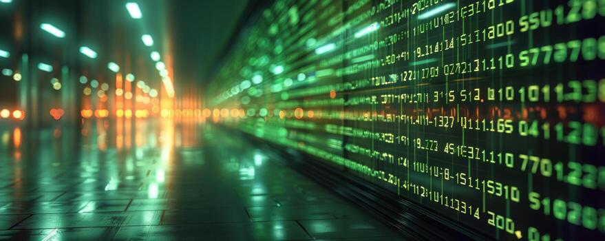 Digital data flows through a neonlit hallway, creating a futuristic and abstract backdrop. photo