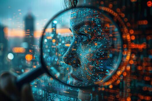 A magnifying glass reveals a digital face composed of binary code and data, representing the interconnectedness of technology and humanity. photo