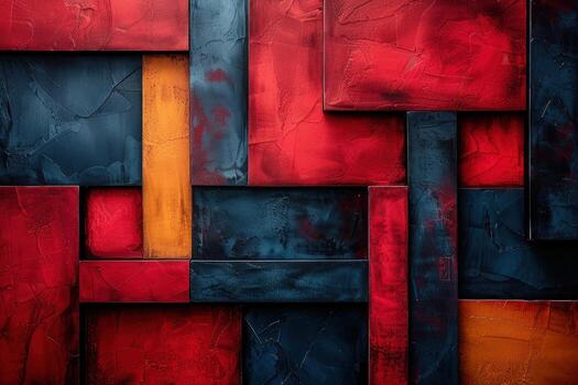 Abstract geometric pattern of red, blue and orange rectangular shapes on textured background. photo