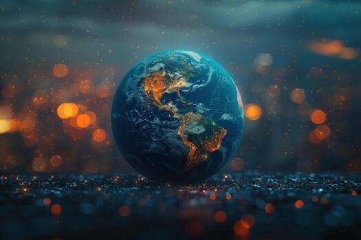 A 3D rendering of the Earth with a bokeh background, showing a glowing city lights and the continents. photo