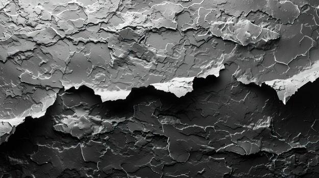 Abstract grayscale background with a textured, rough, and cracked surface, featuring a jagged horizontal line in the middle. photo