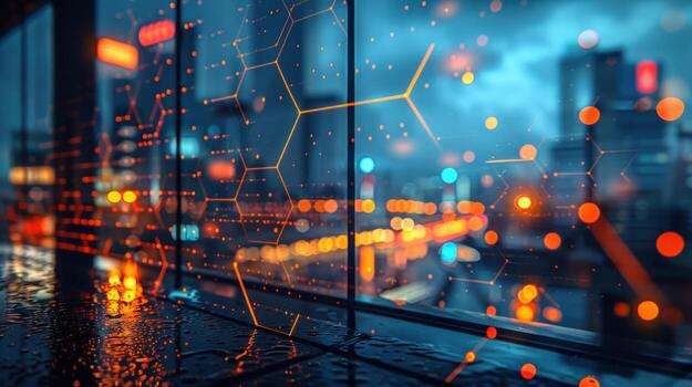 Cityscape view through a window with a hexagonal pattern overlay. photo