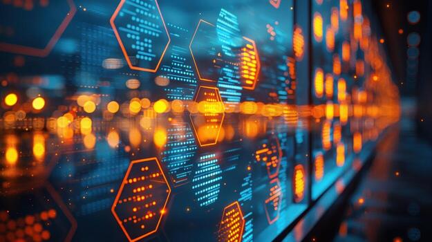 Abstract digital data screen with glowing hexagonal patterns and code, representing futuristic technology. photo