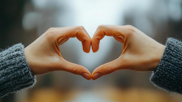 Closeup of female hands forming a heart shape against a blurred forest background. photo