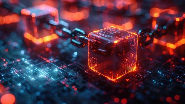 A glowing chain links together digital blocks, representing blockchain technology, on a circuit board. photo
