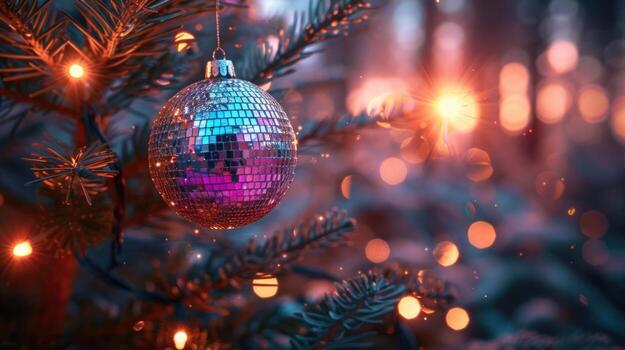 A disco ball ornament hangs on a Christmas tree branch, with warm string lights and a bokeh background. photo