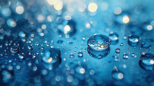 Abstract background with water droplets on a blue surface, creating a shimmering and glistening effect with bokeh lights. photo