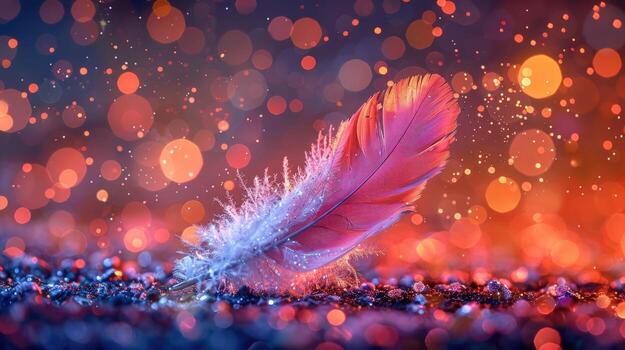 A single red feather with dew drops resting on glittering surface with warm orange bokeh background. photo