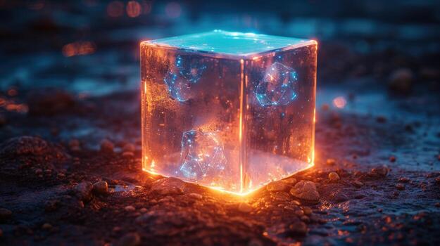 A glowing, translucent cube with blue and orange light emanating from within, resting on a rough, textured surface. photo
