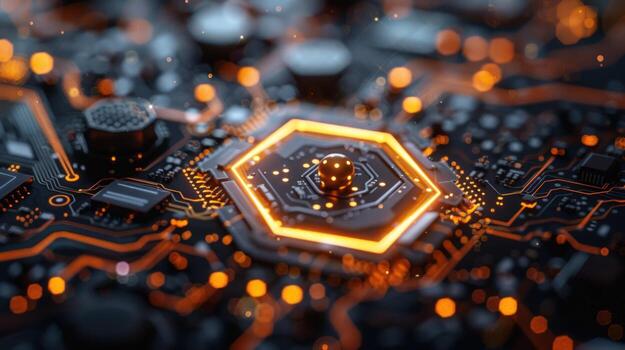 A glowing hexagonal CPU chip on a circuit board with orange light and bokeh effect. photo