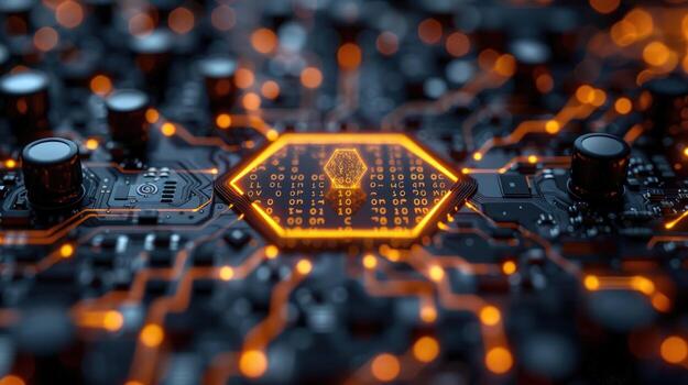A glowing hexagonal CPU with a brain symbol inside, surrounded by a circuit board. photo