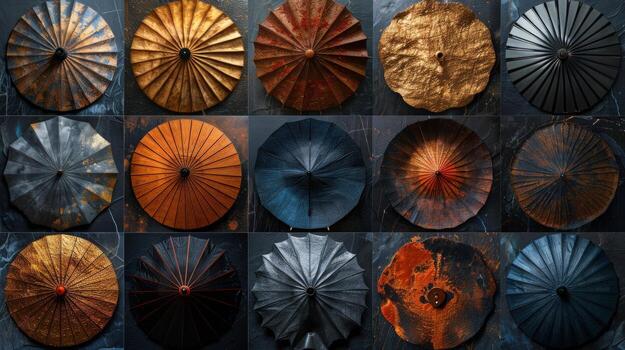 un arreglo de 18 tradicional japonés sombrillas, cada con un diferente color y patrón, en contra un oscuro fondo. foto