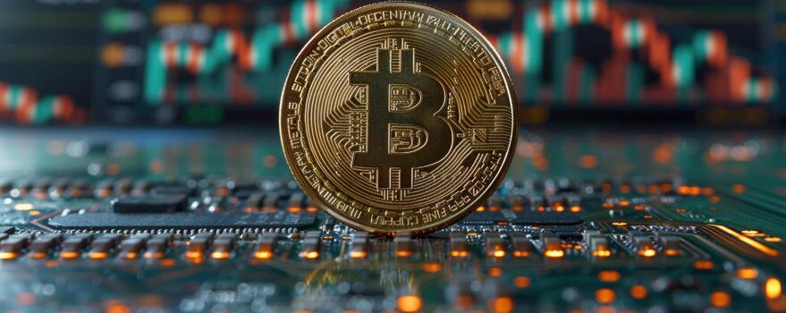 A golden Bitcoin coin stands tall on a circuit board, with a blurred background of a stock chart. photo