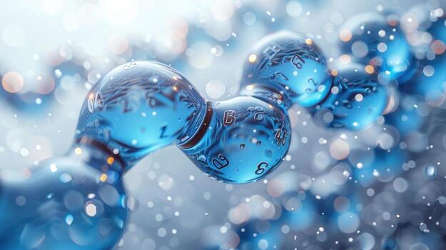 Abstract 3D rendering of a chain of blue water droplets connected together, with bokeh background. photo