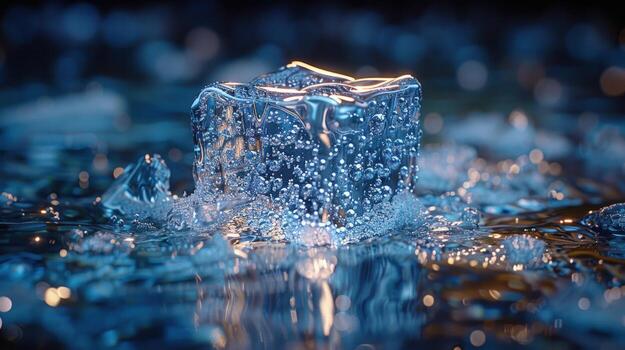 A single ice cube with trapped air bubbles sits on a bed of crushed ice, lit from below, creating a striking blue and yellow contrast. photo