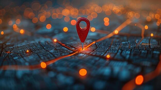 Red pin on a map with glowing lines connecting to other points of interest. photo