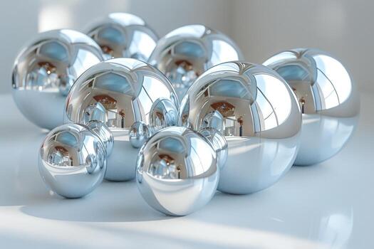 A group of reflective silver spheres of different sizes on a white surface with a light reflection in the background. photo