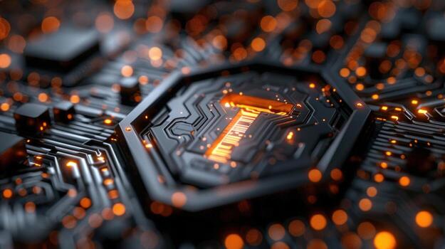 A glowing number one, embedded in a circuit board, representing the first place or top position, or the beginning of a new era. photo