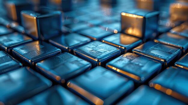 Abstract blue metallic cubes arranged in a grid pattern, with some cubes raised slightly, creating a 3D effect. photo