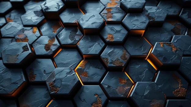 Abstract hexagonal pattern with glowing edges, rendered in 3D. photo