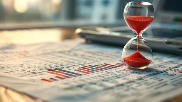 An hourglass sits on a financial chart with red sand running through it, symbolizing the passage of time and the urgency of business decisions. photo